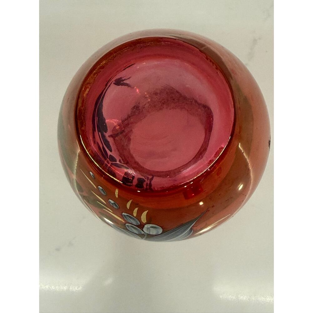 VTG Iridescent Cranberry Hand Painted Ruffled Rim Bud Vase - Picture 6 of 6